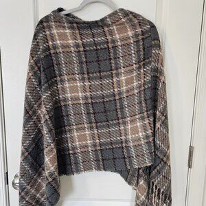 Womens Plaid Poncho with Fringe Detail